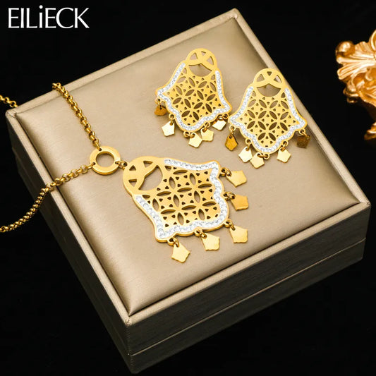EILIECK Ensemble de bijoux vintage en acier inoxydable 316L, collier et boucles d'oreilles, motif œil et main, tendance, résistant à la lumière, idéal pour femme et fille