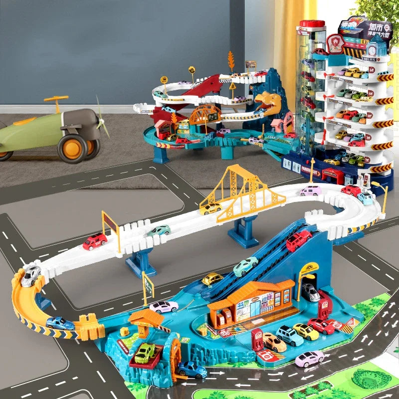 Voiture électrique sur rail, dinosaure, bâtiment, parking, aventure, course, jouets pour enfants, cerveau, mécanique, voitures interactives sur rail