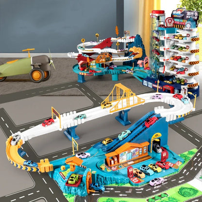 Voiture électrique sur rail, dinosaure, bâtiment, parking, aventure, course, jouets pour enfants, cerveau, mécanique, voitures interactives sur rail