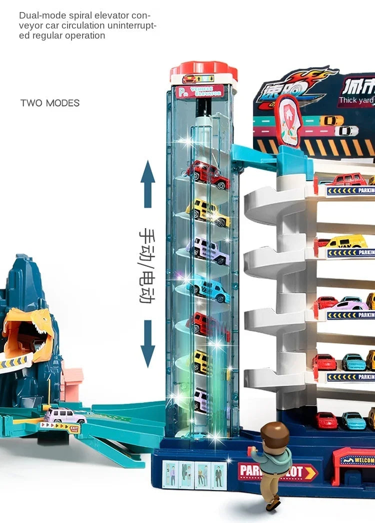 Voiture électrique sur rail, dinosaure, bâtiment, parking, aventure, course, jouets pour enfants, cerveau, mécanique, voitures interactives sur rail
