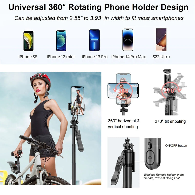 Trépied de téléphone perché à Selfie avec télécommande, support de trépied extensible de 60 pouces pour appareil photo iPhone Android Trépied aérien rotatif à 360°