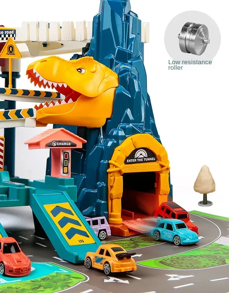 Voiture électrique sur rail, dinosaure, bâtiment, parking, aventure, course, jouets pour enfants, cerveau, mécanique, voitures interactives sur rail