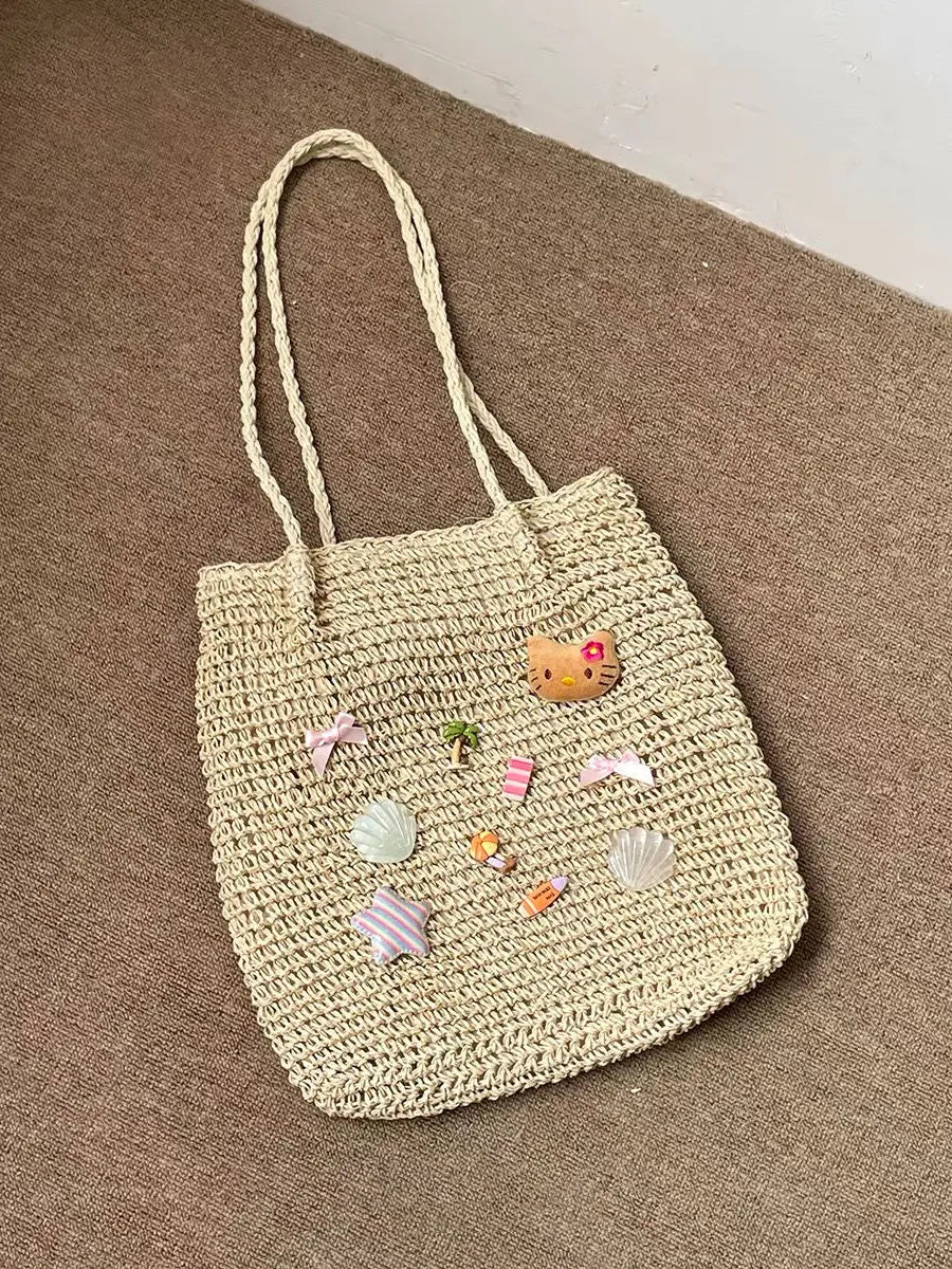 Sac à dos de plage Sanrio Hello Kitty, mignon, tissé à la main, grande capacité, en paille, style bohème, pour les vacances, les voyages, pour fille, cadeau d'anniversaire