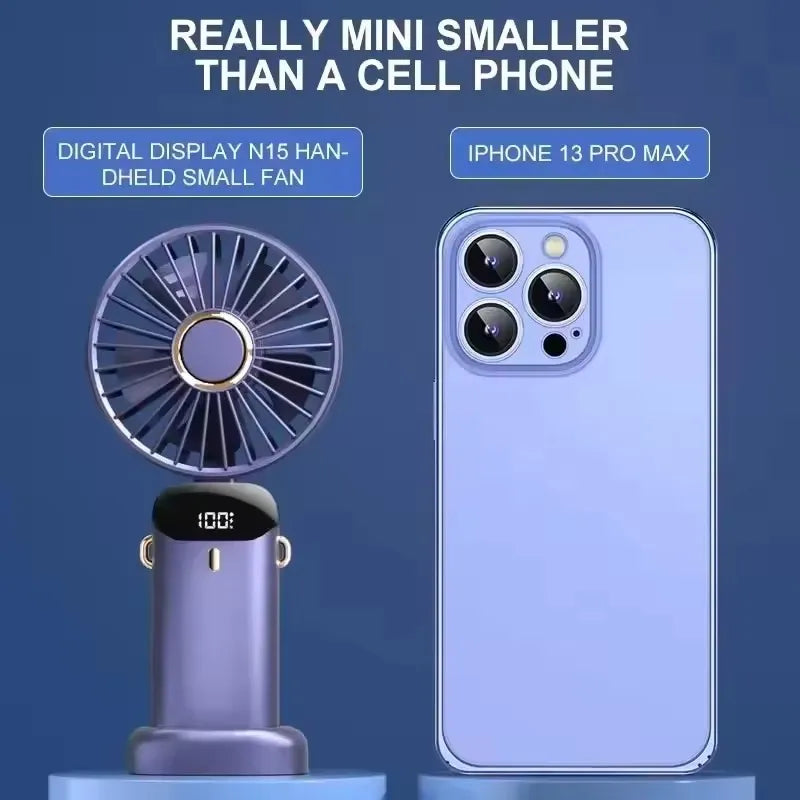 Mini ventilateur portatif pliable de 1800mAh, ventilateurs suspendus au cou, ventilateur Rechargeable par USB à 5 vitesses avec support de téléphone et écran d'affichage
