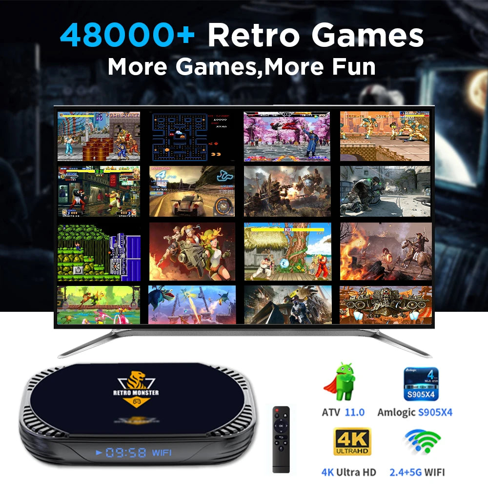 Console de jeux vidéo rétro Amlogic S905X4 pour Sega Saturn/PS1/PSP/N64/DC/MAME avec plus de 48 000 jeux et plus de 70 émulateurs.