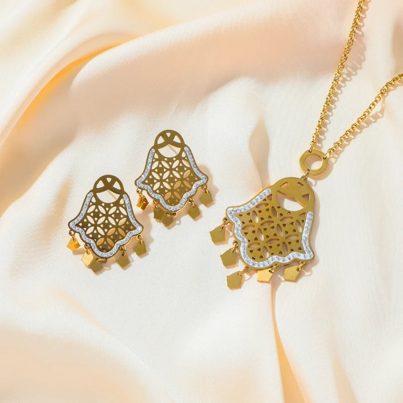 EILIECK Ensemble de bijoux vintage en acier inoxydable 316L, collier et boucles d'oreilles, motif œil et main, tendance, résistant à la lumière, idéal pour femme et fille