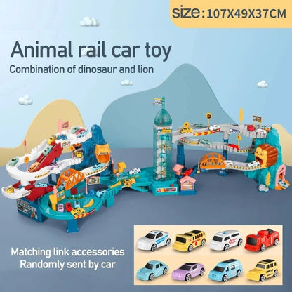 Voiture électrique sur rail, dinosaure, bâtiment, parking, aventure, course, jouets pour enfants, cerveau, mécanique, voitures interactives sur rail