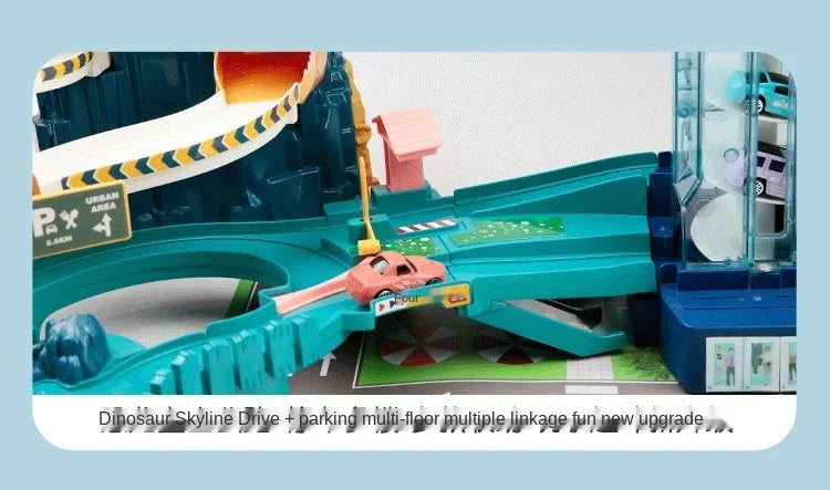Voiture électrique sur rail, dinosaure, bâtiment, parking, aventure, course, jouets pour enfants, cerveau, mécanique, voitures interactives sur rail
