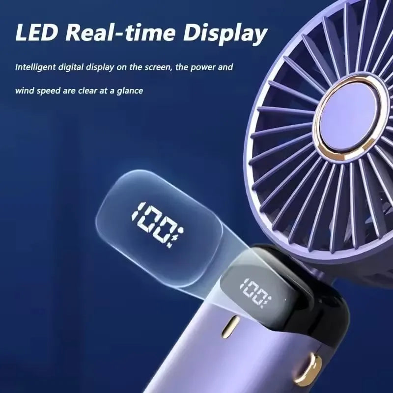 Mini ventilateur portatif pliable de 1800mAh, ventilateurs suspendus au cou, ventilateur Rechargeable par USB à 5 vitesses avec support de téléphone et écran d'affichage