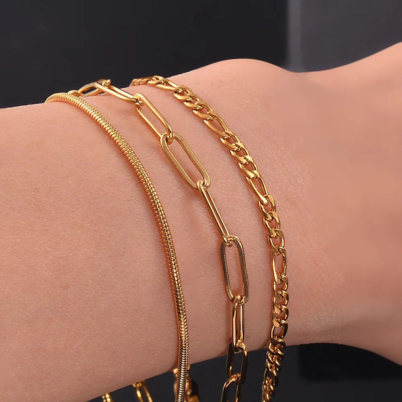 Bracelet chaîne multicouche en acier inoxydable pour femme, simple et tendance, accessoire de bijouterie, longueur 18 cm + 5 cm