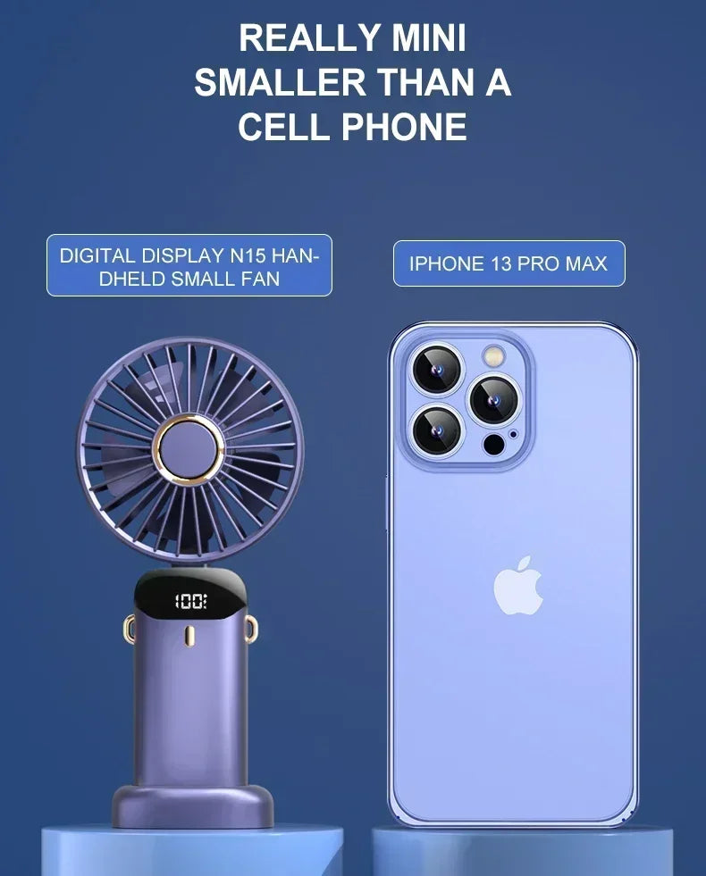 Mini ventilateur portatif pliable de 1800mAh, ventilateurs suspendus au cou, ventilateur Rechargeable par USB à 5 vitesses avec support de téléphone et écran d'affichage
