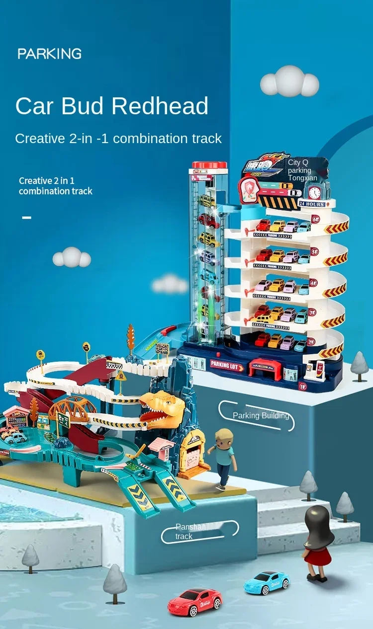 Voiture électrique sur rail, dinosaure, bâtiment, parking, aventure, course, jouets pour enfants, cerveau, mécanique, voitures interactives sur rail