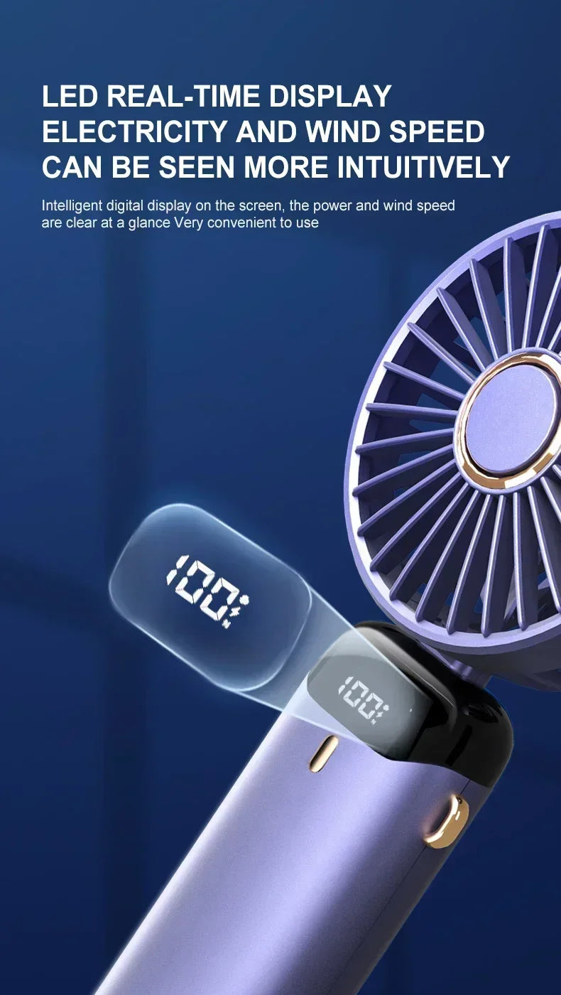 Mini ventilateur portatif pliable USB, ventilateurs suspendus au cou, ventilateur Rechargeable à 5 vitesses avec support de téléphone et écran d'affichage