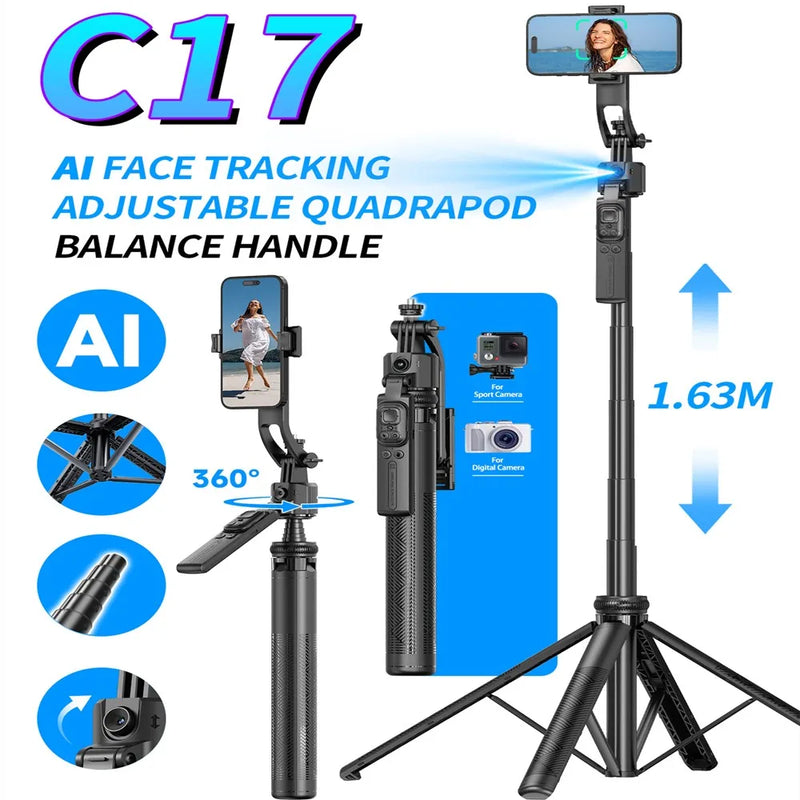 COOL DIER Trépied de prise de vue à rotation automatique, monopode C17, suivi AI, obturateur Bluetooth, lumière d'appoint pour support de téléphone, perche à selfie sans fil, 360°