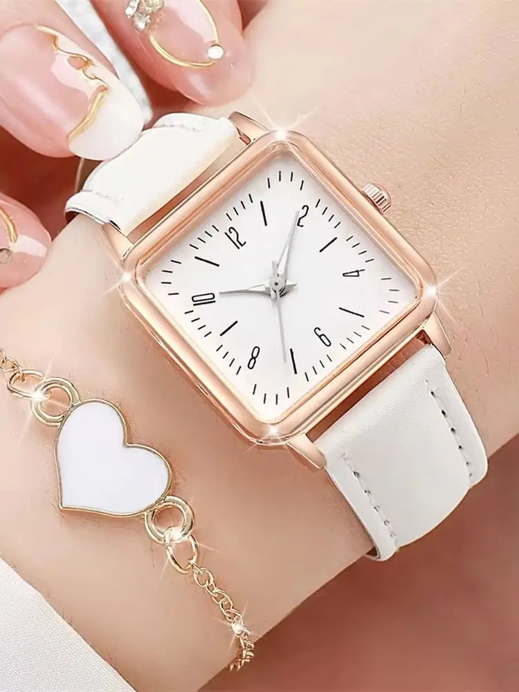 2 pièces/ensemble mode carré montre pour femme Bracelet en cuir montres à Quartz coeur Bracelet ensemble