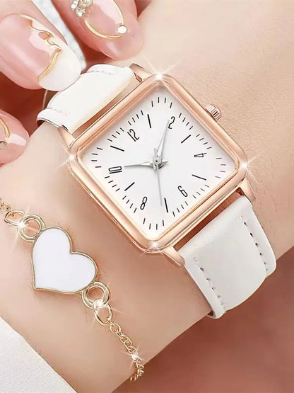2 pièces/ensemble mode carré montre pour femme Bracelet en cuir montres à Quartz coeur Bracelet ensemble