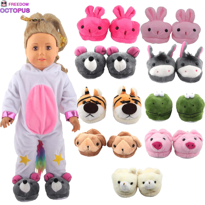 Chaussures en peluche pour poupée, chien, tigre, grenouille, pantoufles pour poupée BJD 1/3, poupée américaine de 43 cm et 18 pouces, nouveau-né, fille, cadeau