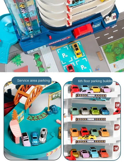 Voiture électrique sur rail, dinosaure, bâtiment, parking, aventure, course, jouets pour enfants, cerveau, mécanique, voitures interactives sur rail