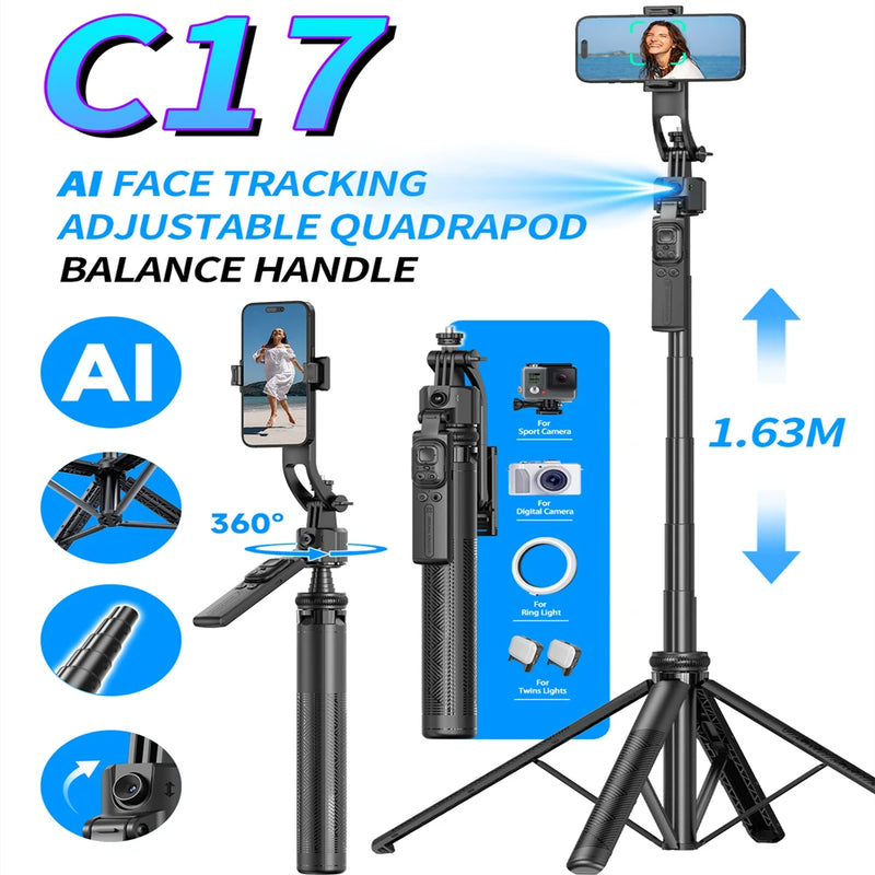COOL DIER Trépied de prise de vue à rotation automatique, monopode C17, suivi AI, obturateur Bluetooth, lumière d'appoint pour support de téléphone, perche à selfie sans fil, 360°