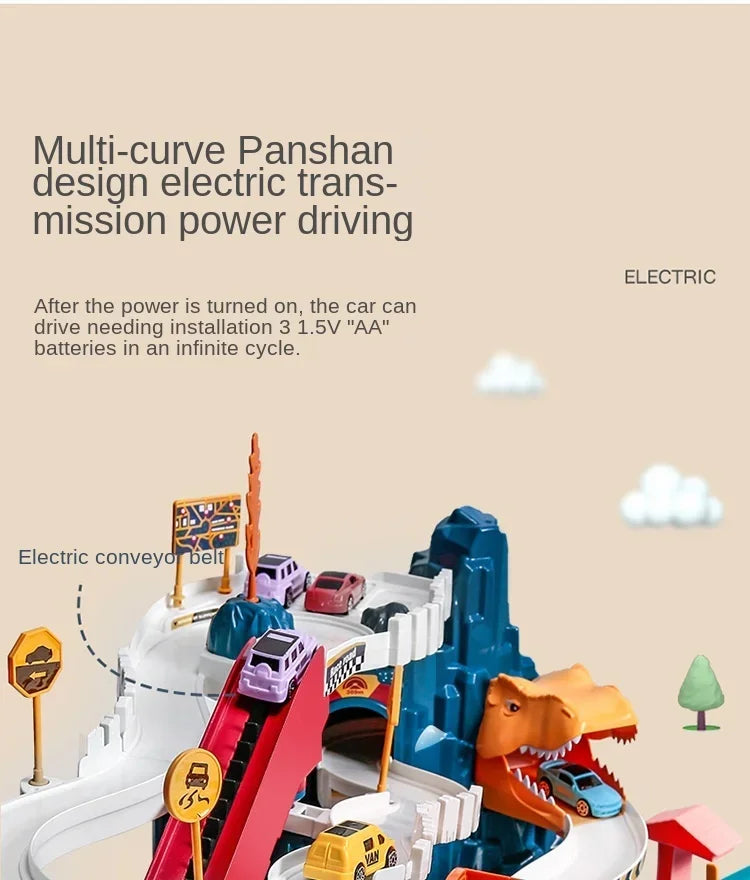 Voiture électrique sur rail, dinosaure, bâtiment, parking, aventure, course, jouets pour enfants, cerveau, mécanique, voitures interactives sur rail