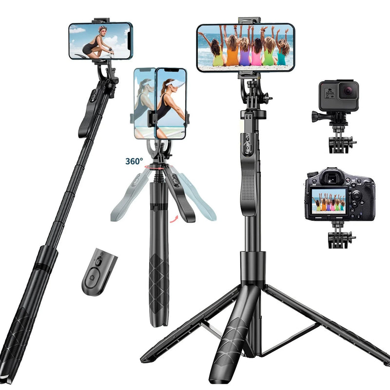 Trépied de téléphone perché à Selfie avec télécommande, support de trépied extensible de 60 pouces pour appareil photo iPhone Android Trépied aérien rotatif à 360°