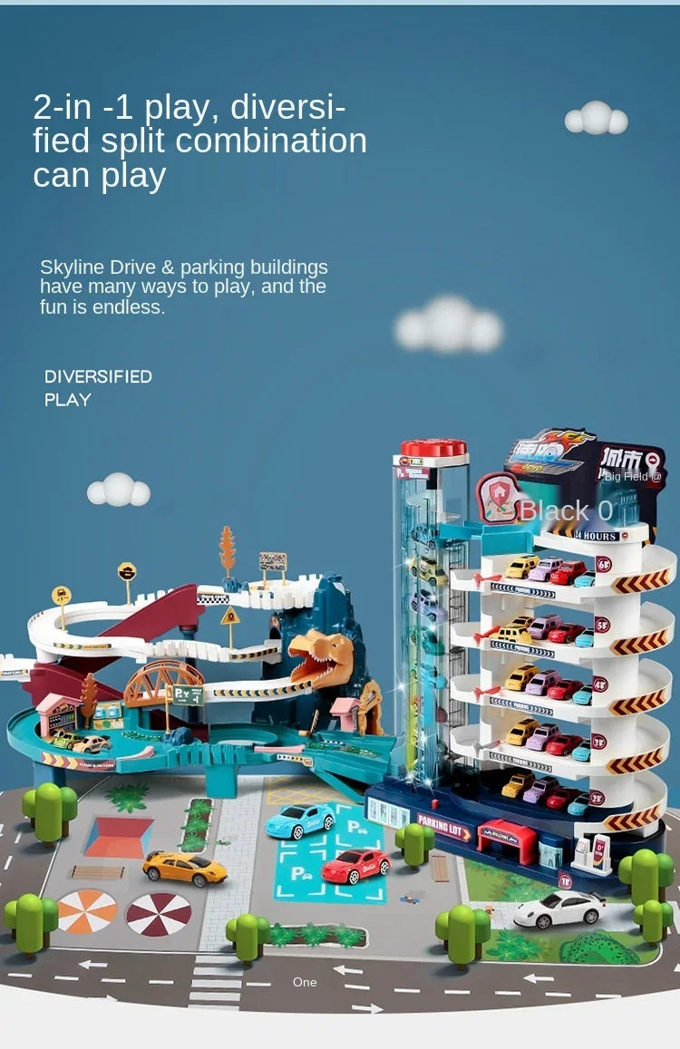 Voiture électrique sur rail, dinosaure, bâtiment, parking, aventure, course, jouets pour enfants, cerveau, mécanique, voitures interactives sur rail