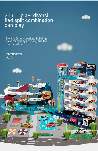 Voiture électrique sur rail, dinosaure, bâtiment, parking, aventure, course, jouets pour enfants, cerveau, mécanique, voitures interactives sur rail