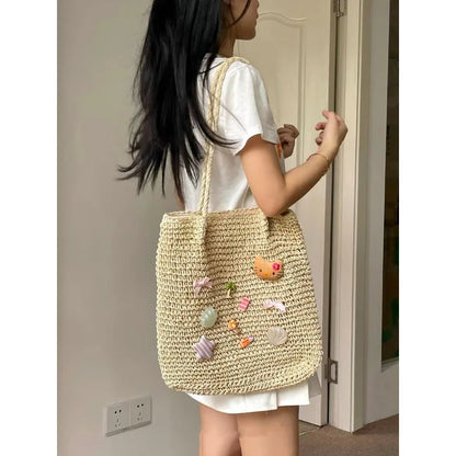 Sac à dos de plage Sanrio Hello Kitty, mignon, tissé à la main, grande capacité, en paille, style bohème, pour les vacances, les voyages, pour fille, cadeau d'anniversaire