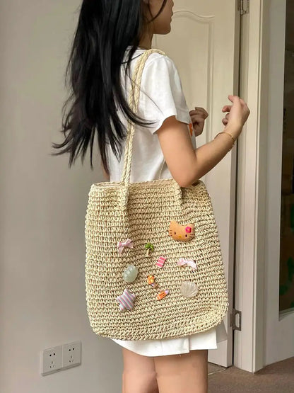 Sac à dos de plage Sanrio Hello Kitty, mignon, tissé à la main, grande capacité, en paille, style bohème, pour les vacances, les voyages, pour fille, cadeau d'anniversaire