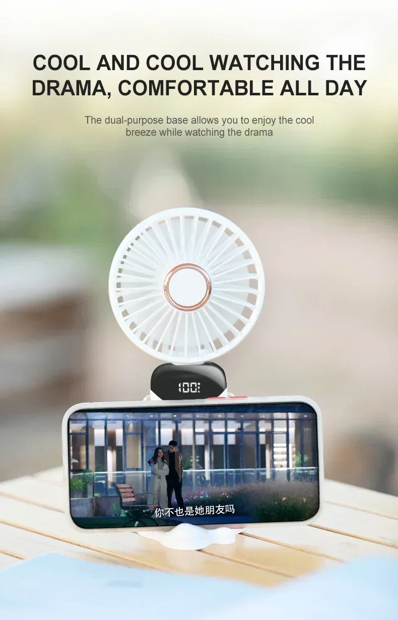 Mini ventilateur portatif pliable USB, ventilateurs suspendus au cou, ventilateur Rechargeable à 5 vitesses avec support de téléphone et écran d'affichage
