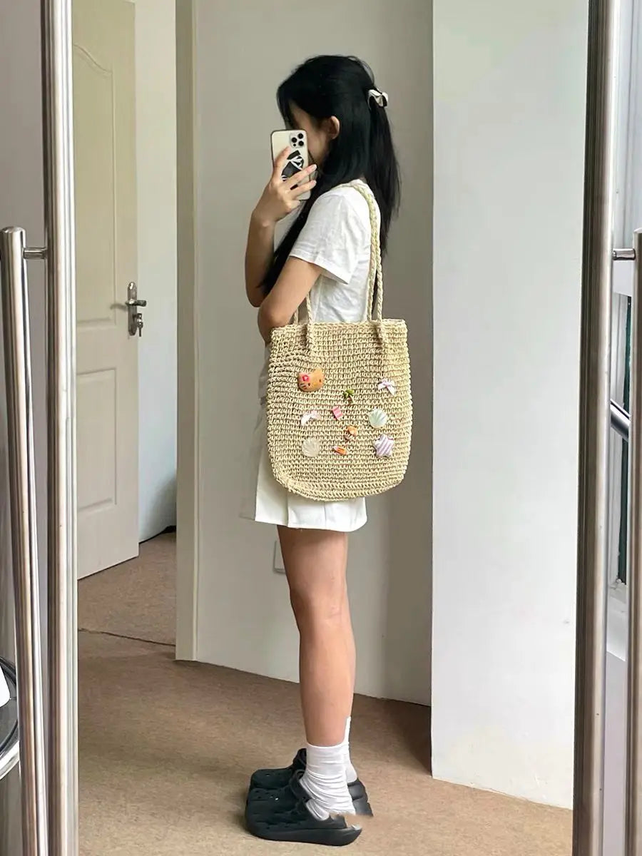 Sac à dos de plage Sanrio Hello Kitty, mignon, tissé à la main, grande capacité, en paille, style bohème, pour les vacances, les voyages, pour fille, cadeau d'anniversaire