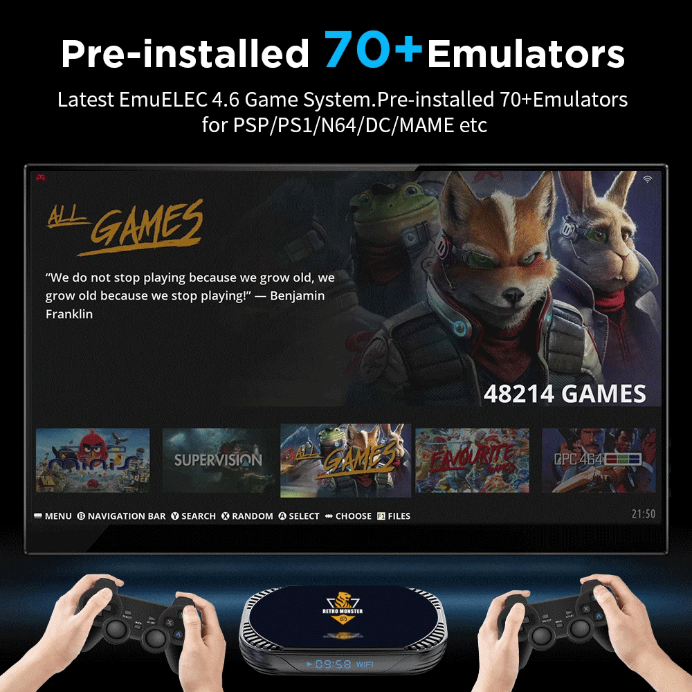 Console de jeux vidéo rétro Amlogic S905X4 pour Sega Saturn/PS1/PSP/N64/DC/MAME avec plus de 48 000 jeux et plus de 70 émulateurs.