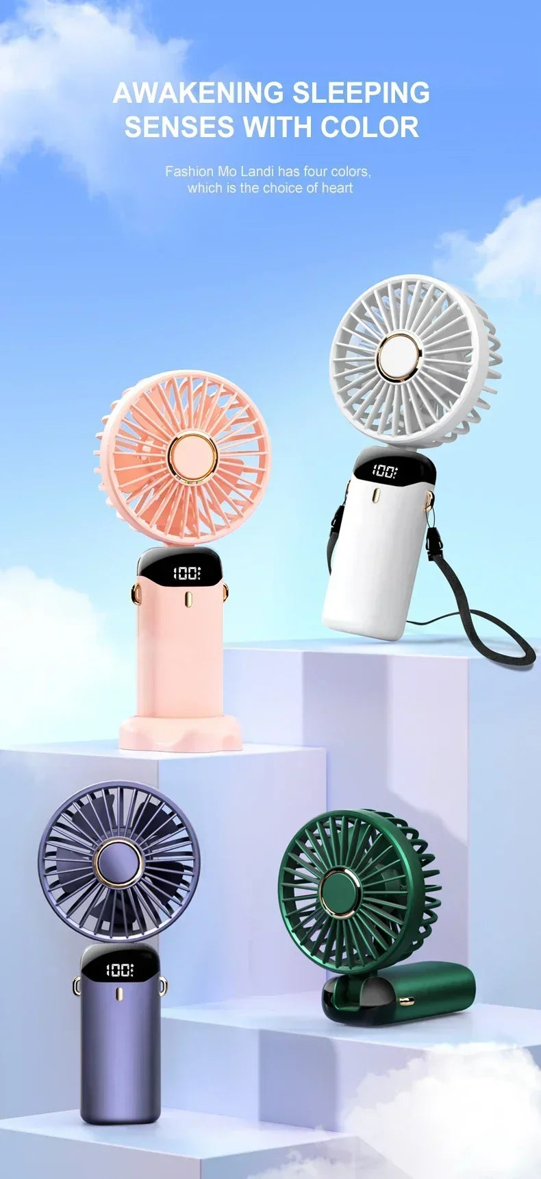 Mini ventilateur portatif pliable USB, ventilateurs suspendus au cou, ventilateur Rechargeable à 5 vitesses avec support de téléphone et écran d'affichage