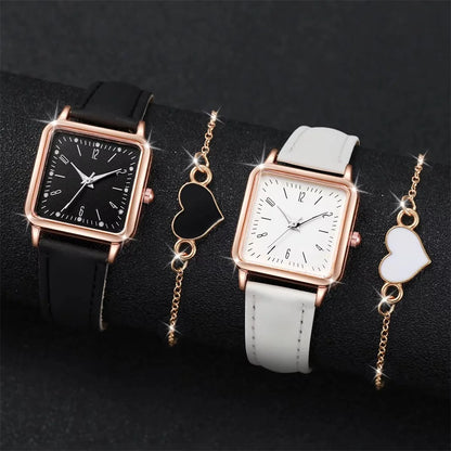 2 pièces/ensemble mode carré montre pour femme Bracelet en cuir montres à Quartz coeur Bracelet ensemble
