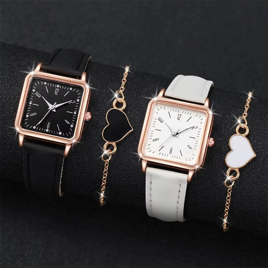 2 pièces/ensemble mode carré montre pour femme Bracelet en cuir montres à Quartz coeur Bracelet ensemble