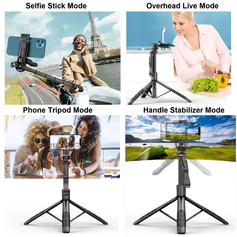 Trépied de téléphone perché à Selfie avec télécommande, support de trépied extensible de 60 pouces pour appareil photo iPhone Android Trépied aérien rotatif à 360°