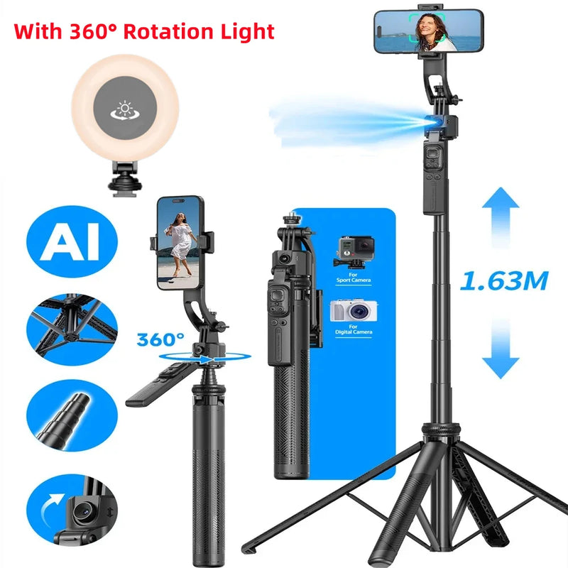 COOL DIER Trépied de prise de vue à rotation automatique, monopode C17, suivi AI, obturateur Bluetooth, lumière d'appoint pour support de téléphone, perche à selfie sans fil, 360°