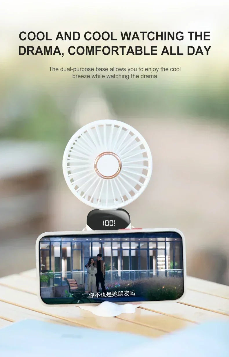Mini ventilateur portatif pliable de 1800mAh, ventilateurs suspendus au cou, ventilateur Rechargeable par USB à 5 vitesses avec support de téléphone et écran d'affichage