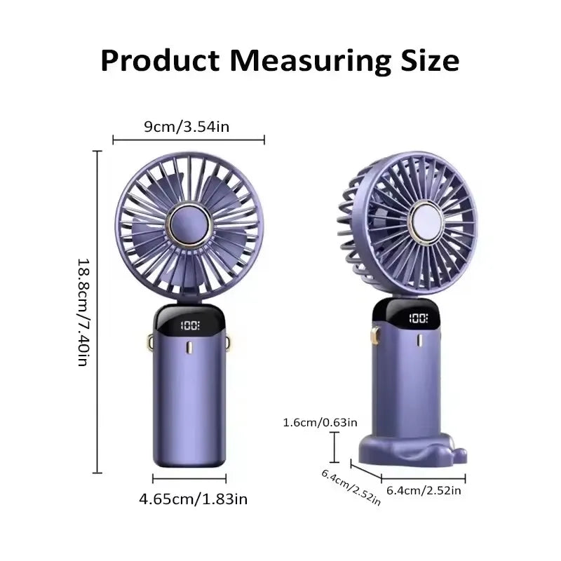 Mini ventilateur portatif pliable de 1800mAh, ventilateurs suspendus au cou, ventilateur Rechargeable par USB à 5 vitesses avec support de téléphone et écran d'affichage