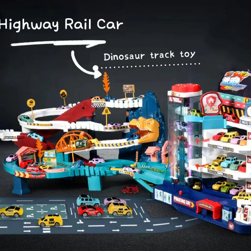 Voiture électrique sur rail, dinosaure, bâtiment, parking, aventure, course, jouets pour enfants, cerveau, mécanique, voitures interactives sur rail