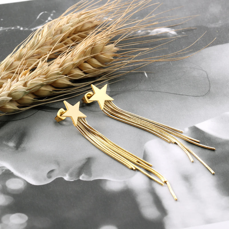 Boucles d'oreilles pendantes en acier inoxydable poli de luxe, rondes, carrées, en forme d'étoile, pour femmes et filles, classiques, à pompon