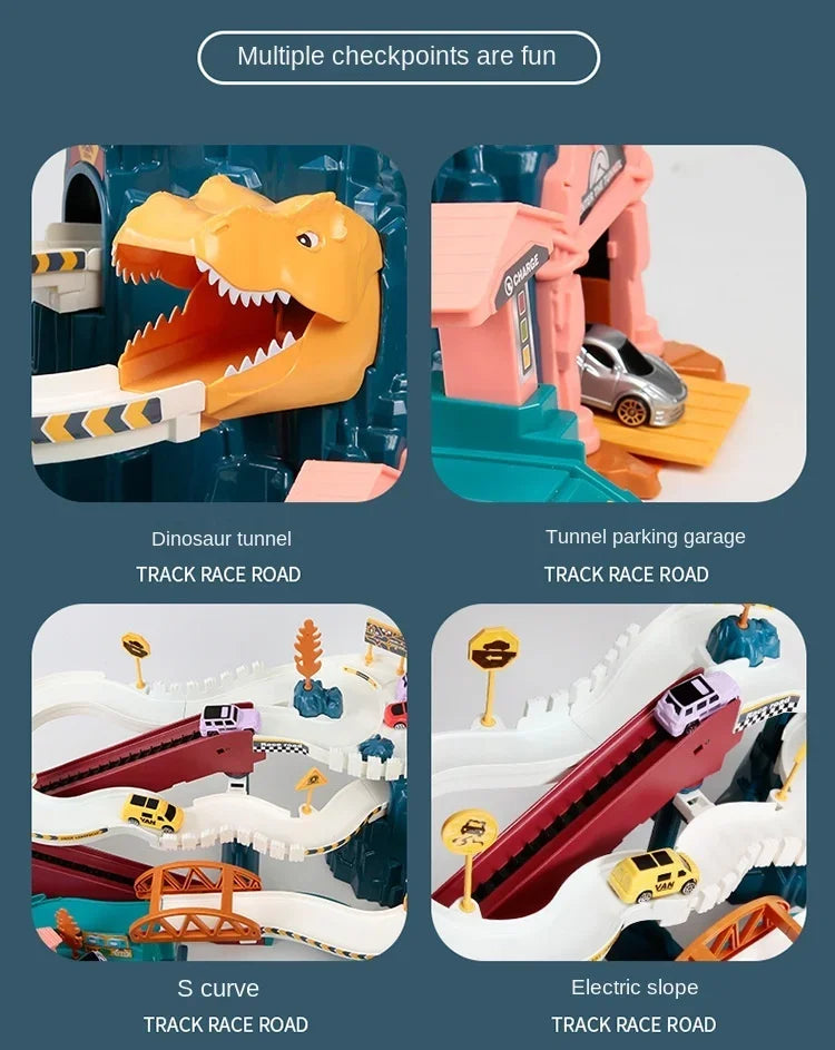 Voiture électrique sur rail, dinosaure, bâtiment, parking, aventure, course, jouets pour enfants, cerveau, mécanique, voitures interactives sur rail