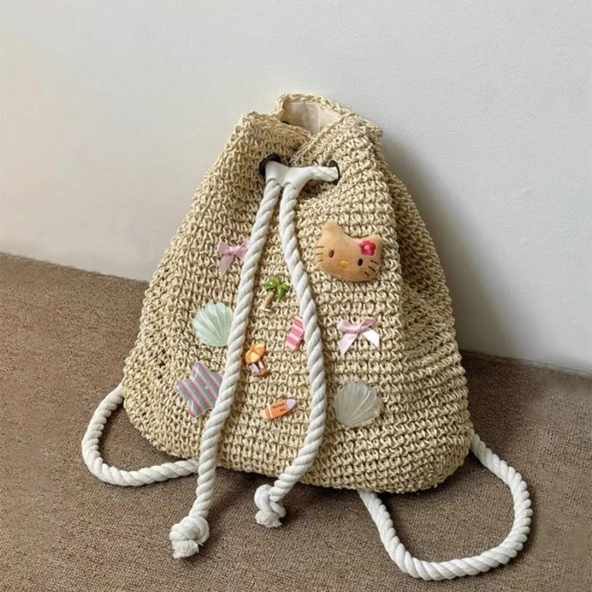Sac à dos de plage Sanrio Hello Kitty, mignon, tissé à la main, grande capacité, en paille, style bohème, pour les vacances, les voyages, pour fille, cadeau d'anniversaire