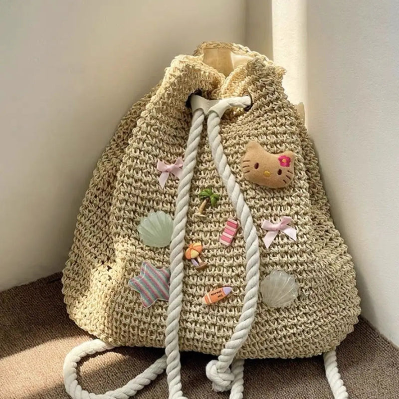 Sac à dos de plage Sanrio Hello Kitty, mignon, tissé à la main, grande capacité, en paille, style bohème, pour les vacances, les voyages, pour fille, cadeau d'anniversaire