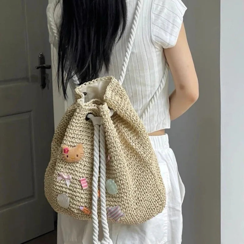 Sac à dos de plage Sanrio Hello Kitty, mignon, tissé à la main, grande capacité, en paille, style bohème, pour les vacances, les voyages, pour fille, cadeau d'anniversaire