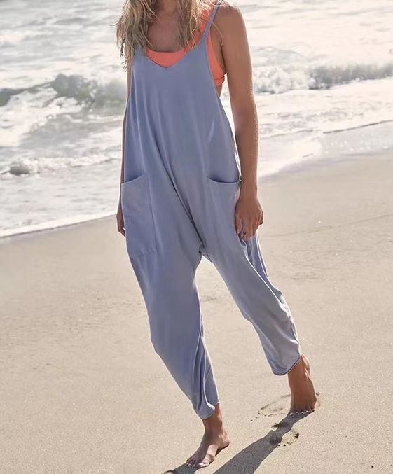 Combinaison d'été ample sans manches pour femmes, bretelles spaghetti, pantalon long, combinaison avec poches et fermeture éclair