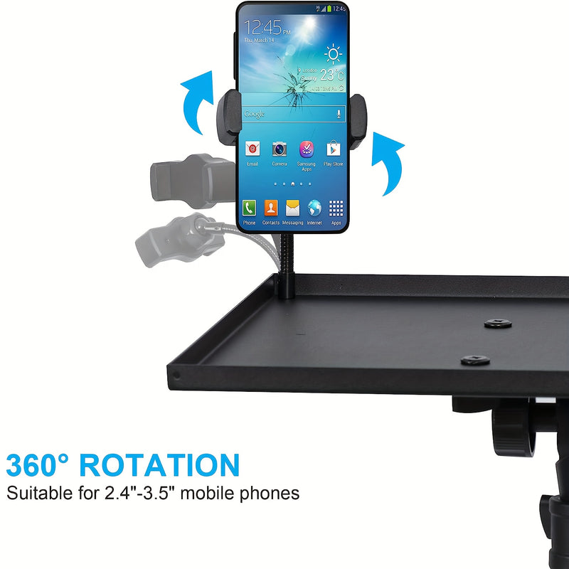 Trépied de projecteur réglable en hauteur (23,5" à 46,5") avec col de cygne et support pour téléphone et ordinateur portable.