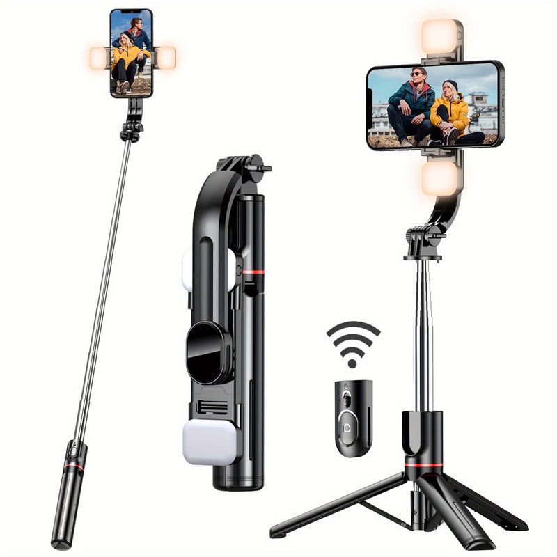 Trépied flexible extra long de 45 pouces pour téléphone, perche à selfie avec deux lumières de remplissage, trépied amélioré, télécommande amovible, compatible avec iPhone 14/14 Pro/13/13 Pro/12/12 Pro/11/11 Pro/XS Max/XS/XR/X/8/7 et smartphones Android.