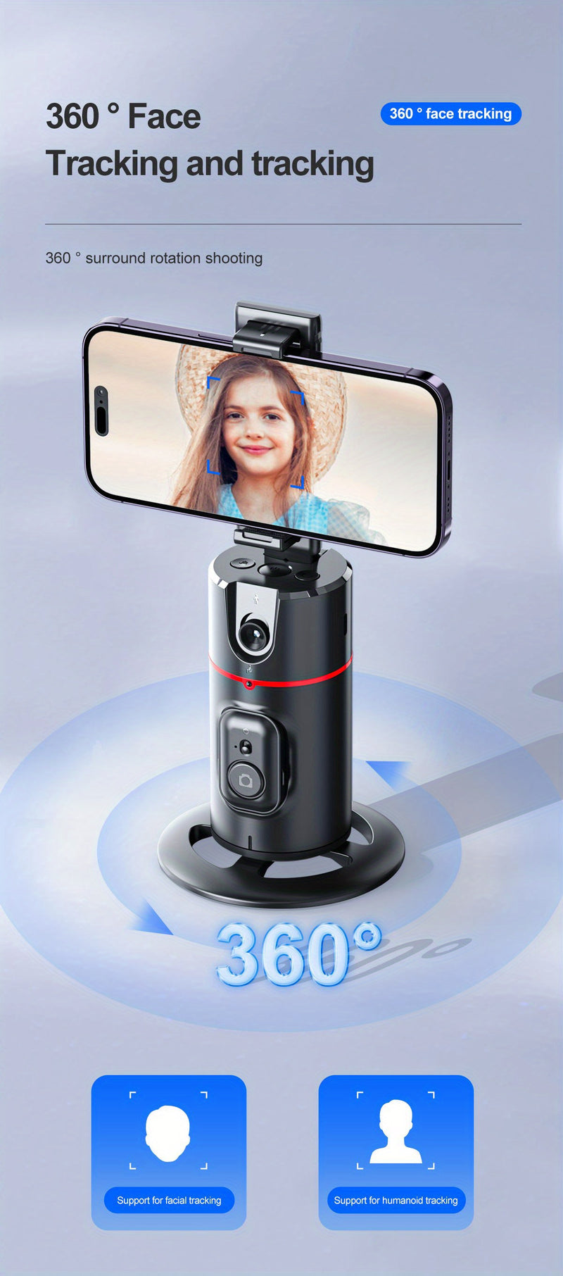 Trépied Auto Face Tracking – Votre Caméraman Personnel Support de caméra de téléphone 100 % intelligent, rotation à 360 °, support de suivi de téléphone intelligent avec contrôle gestuel à distance pour vlog, streaming, vidéo