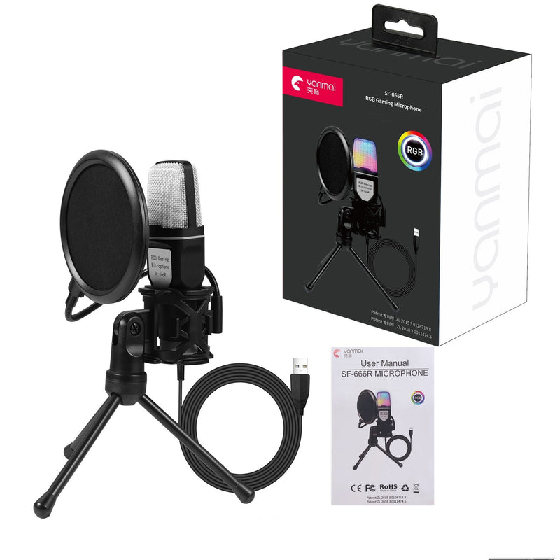 Microphone de bureau à condensateur RVB transparent pour jeux vidéo et e-sports